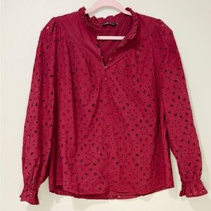 PRETTYGARDEN Eyelet Blouse (Wine Red)